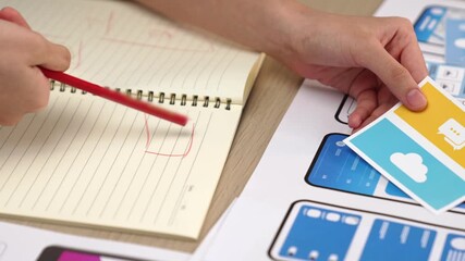 Poster - Startup company employee planning for user interface prototype for mobile application or website in office with model of program on desk. UX UI designer consider user friendly interface plan. Synergic