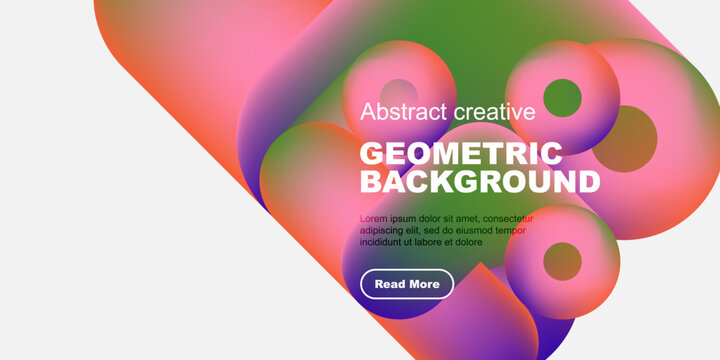 Abstract colorful shapes overlap, creating dynamic geometric background. Text promotes further exploration. Simple design, modern aesthetic.
