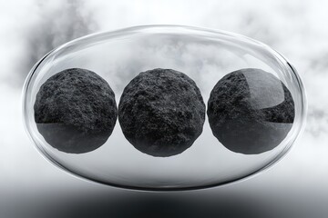 Fototapete - Three dark spheres suspended within a transparent container.