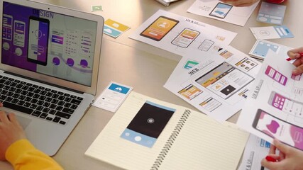 Poster - Panorama video of startup company employee planning on user interface prototype for mobile application or website in office. UX UI designer brainstorm designing user friendly interface plan. Synergic