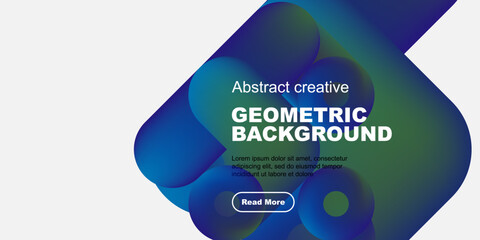 Fototapete - Abstract geometric background features vibrant blue hues, fluid shapes, text, button. Modern design for digital projects.