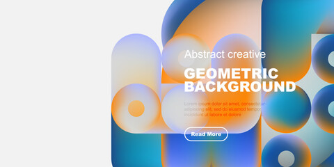 Poster - Abstract geometric shapes, vibrant colors, modern design. Text overlay includes geometric background, plus sample text, button.