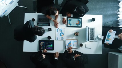 Poster - Top down aerial view of manager standing and present business plan to skilled investor. Business team working together to analyze financial statistic graph at meeting table. Time lapse. Directorate.
