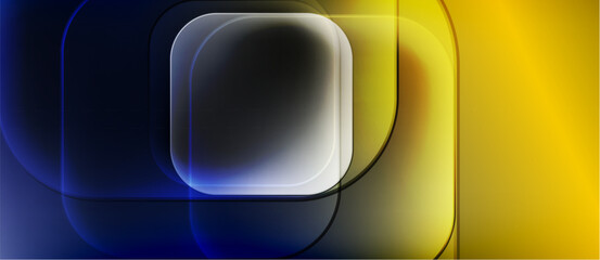 Fototapete - Abstract composition features rounded squares, blue, yellow gradients. Minimalist design with soft light effects, modern aesthetic.