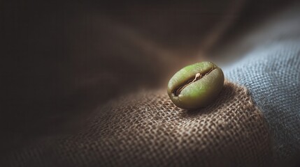 Poster - Close-up of a single green coffee bean on a textured fabric.