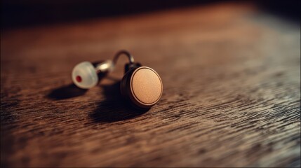 Poster - Close-up of a small, round, metallic earpiece.