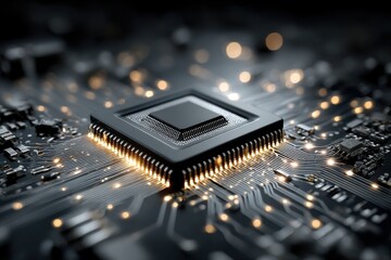 Poster - Microchip on illuminated circuit board with energy paths in a technological design