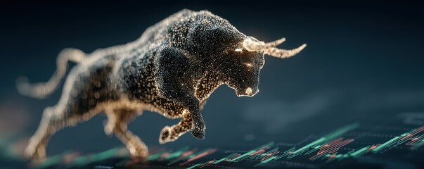 Poster - Dynamic representation of a digital bull on financial stock chart background