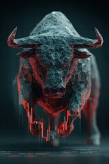 Poster - Polygonal holographic bull charging forward with glowing financial market indicators