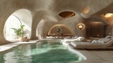 serene indoor pool area designed with organic architectural shapes and soft ambient lighting creates a relaxing and luxurious spa retreat for wellness and rejuvenation offering a peaceful getaway