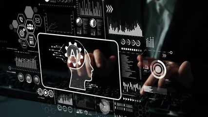 Poster - Modern Businessman Working with Artificial Intelligence Technology and Data Analytics for Innovative Solutions. Asymptotic smart data analytic.