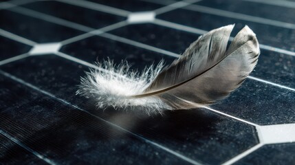 Poster - Delicate feather rests on a solar panel.