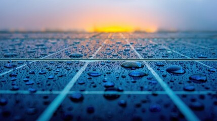 Poster - Water droplets on a solar panel surface at sunrise.