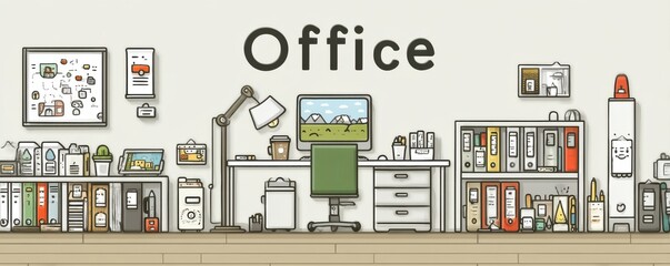 Poster - Illustrated organized office workspace with stationery and supplies