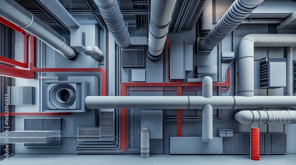 Industrial piping layout with intricate network of tubes and ducts in a ...