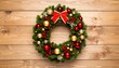 © wanna - Christmas wreath on old wooden door with pine branches, red ribbon, and vintage ornaments for holiday celebration