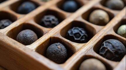 Poster - Wooden tray filled with various peppercorns.