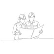 © Sipa - A continuous line drawing depicts two construction workers, a man and a woman, reviewing a blueprint while wearing hard hats, illustrating teamwork and project planning.