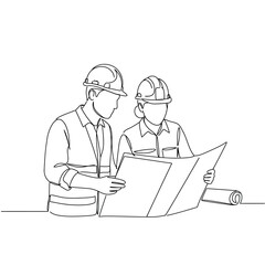 A minimalist continuous line drawing depicts two professional engineers wearing hard hats, intently examining architectural blueprints together.