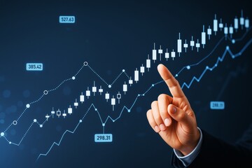 Poster - Businessman's hand pointing at glowing financial candlestick chart with rising trend on dark abstract digital background showing economic growth data.