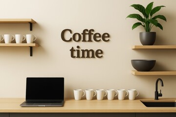 Poster - Minimalist office coffee station with mugs, laptop, plant, and 