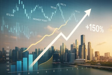 Poster - Business growth chart with 150% increase over city skyline, abstract background with light tones and financial data overlayed on buildings.