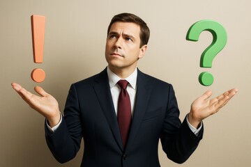 Poster - Businessman in suit contemplating decision with floating exclamation and question marks on light background, symbolizing confusion and choice.