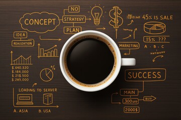 Poster - Coffee cup on wooden desk surrounded by hand-drawn business concept sketches, graphs, and strategy symbols in bright outline style.