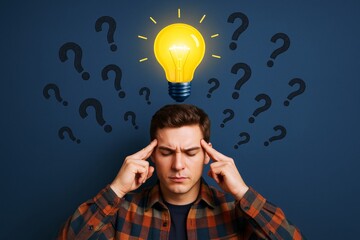 Poster - Young man thinking deeply with glowing light bulb above head surrounded by question marks on dark background, symbolizing idea and innovation concept.