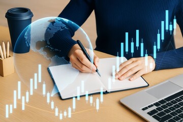Poster - Businesswoman writing in notebook with digital stock market chart and globe hologram on light wood background, business strategy concept.
