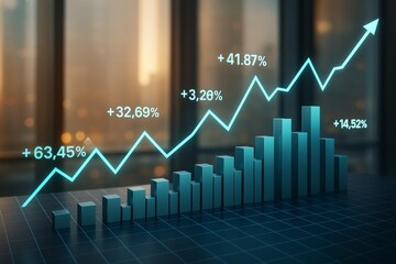Poster - Financial growth chart with glowing percentages and bar graph over dark business background with light reflections, symbolizing success concept.