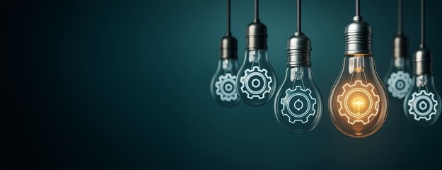 Poster - Glowing lightbulb with gear symbol among unlit bulbs on dark background symbolizing innovation, business strategy, and creative thinking template.