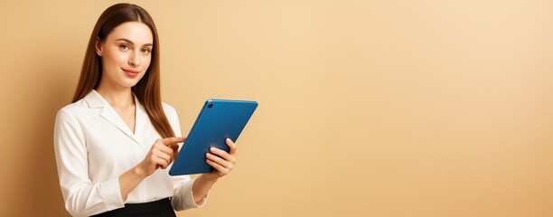 Poster - Businesswoman using digital tablet against beige background with copy space for advertising or promotional content in clean modern design template.