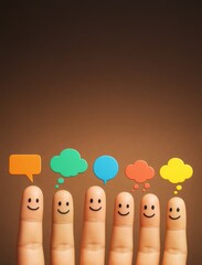 Poster - Happy fingers with thought bubbles on brown background showing communication and teamwork concept for business and creative poster template.