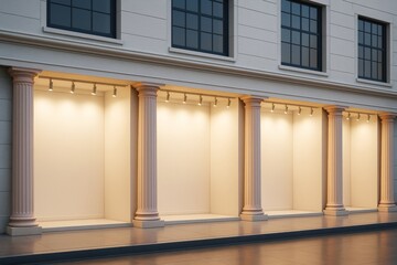 Poster - Elegant exterior of a classical building with four empty lighted display windows ideal for branding, advertising, or business promotion mockups.
