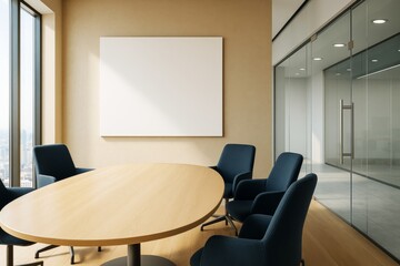 Poster - Modern office meeting room with blank white poster on wall above conference table surrounded by chairs, ideal for business branding concept mockup.