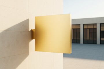 Poster - Minimalist golden square signage mockup on modern building wall in sunlight, ideal for branding, advertising, or business promotion templates.