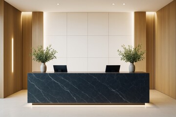 Poster - Modern reception desk with black marble counter and plants in minimalist office interior with wood paneling and soft lighting on white background.