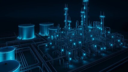 Poster - Oil logistics network. Digital rendering of oil and gas facility featuring glowing blue tanks, complex pipe networks, and futuristic refinery structures