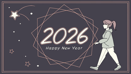 Aufkleber - Illustration of happy new year 2026 with woman walking and stars on a dark background graphic art created with generated ai