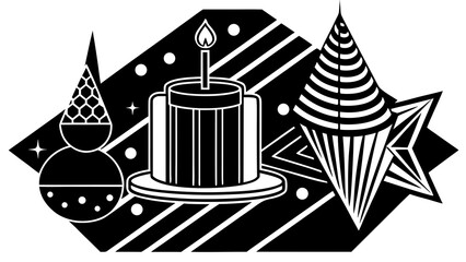 Aufkleber - Black and white birthday party illustration featuring cake party hat and star shapes on striped background created with generated ai
