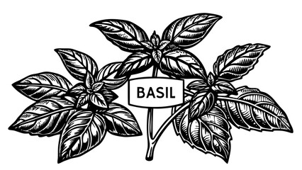 Poster - Illustration of a basil plant with detailed leaves and a sign displaying the name basil in bold letters created with generated ai