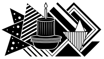 Aufkleber - Stylized birthday cake with candle and geometric shapes in black and white illustration art created with generated ai