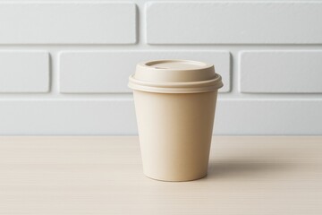 Poster - Minimalist coffee cup mockup on light wood table with white brick wall background for branding, design, poster, template or advertising concept.