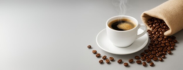 Poster - Steaming cup of black coffee with scattered beans and burlap sack on light background, perfect for beverage advertising or design mockup concept.