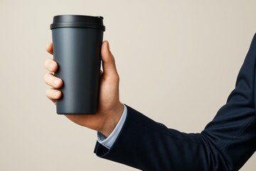 Leinwandbilder - Man in business suit holding black reusable drink cup against light background with space for branding or promotional design concept mockup.