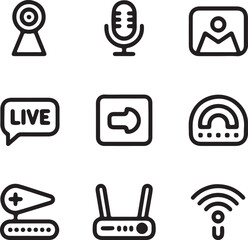 Poster - Set of black outline icons representing different internet and communication technologies including webcam microphone live streaming router wifi and other related symbols