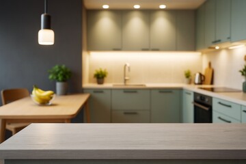 Leinwandbilder - Light wooden kitchen counter with blurred modern kitchen background, ideal for food mockup, template, or clean copyspace concept scene.