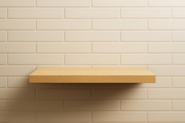 Leinwandbilder - Minimal wooden shelf on beige brick wall background with soft light and clean abstract graphic composition. Ai generative.