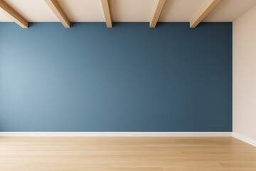 Leinwandbilder - Modern minimalist empty room interior with blue wall, wooden floor and ceiling beams, ideal for design background or architectural concept image.
